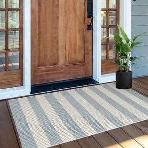 Outdoor Porch Rug Front Door Mat 24'x51, Washable Checkered Rug Blue and Whit... - Picture 1 of 8
