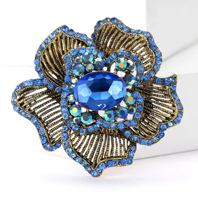 Broche prendedor vintage con flores de estrás azul brillante - regalo de joyería dorada de la naturaleza Foto 1 de 4