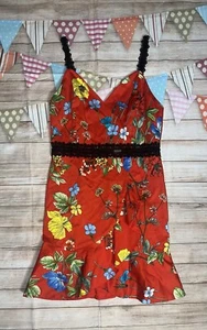 ALICE AND OLIVIA SZ 10 RED FLORAL SPAGHETTI STRAP BLACK LACE ACCENTS DRESS - Picture 1 of 3