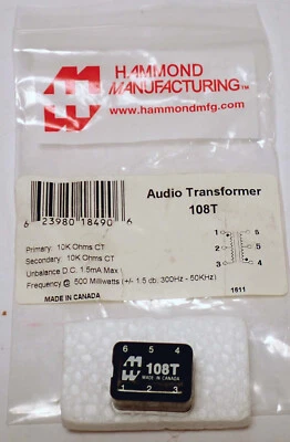 HAMMOND 108T MINIATURE EPOXY POTTED AUDIO TRANSFORMER 10k Ohm 300-50k Hz - Image 1 of 3
