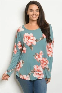 Womens Plus Size Sage Green Floral Tunic Top 2XL Long Sleeve Lace Back  - Picture 1 of 2