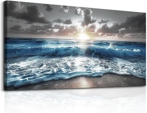 Canvas Wall Decor for Office Large Wall Art for Living Room Blue Beach Painting - Picture 1 of 6