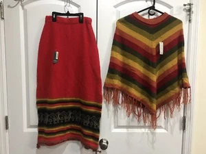 Womens Filra’s Unique Red Orange Yellow Green Knit Skirt & Poncho Shaw NEW - Picture 1 of 12