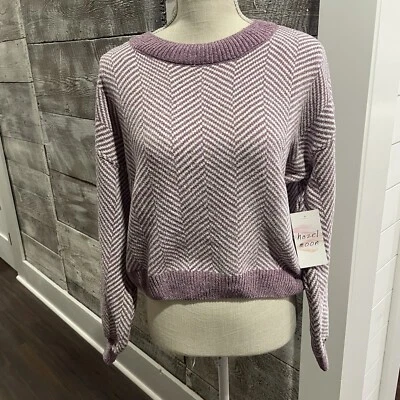 Hazel Moon Aubergine Purple & White Fuzzy Soft Crop Knit Sweater ~ NWT Size M - Image 1 of 4
