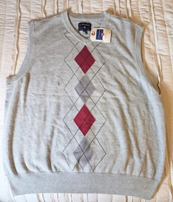 NWT Saddlebred V-Neck Argyle  Sweater Vest Mens L Large Gray And Maroon - Image 1 of 4