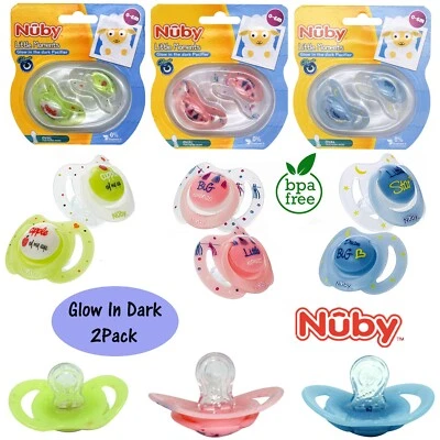 NÛBY 2P Nuby Glow In Dark Dummies, Oval Teething Nubs Night Time Pacifiers, Baby Gift