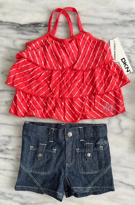 DKNY Baby Girl's T Top Short Set size 12M Red Stripe Ruffle Jean Style Short 2pc - Image 1 of 4