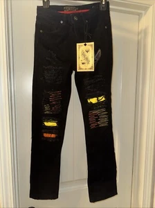 Jewel House Jeans Jugend Größe 14 schwarz distressed Denim mit orange gelb Unikat - Bild 1 von 7