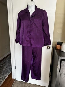 Morgan Taylor Satin Pajama Set Size Large Purple Long Sleeve Button Up - Picture 1 of 7