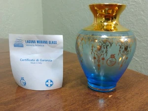 Laguna MURANO Turquoise Blue 24K Gold Gilt Overlay Vase Made in Venetia Italy - Picture 1 of 11