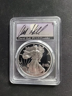 American Silver Eagle 2001-W 1 OZ prueba .999 graduación profesional PR70 DCAM autógrafo David Hall Foto 1 de 2