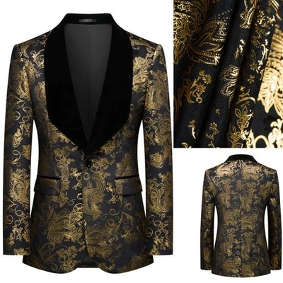 Hombres Traje Jacquard Dorado Negro Chal Solapa Chaqueta Sencillo Pecho Fiesta Formal Foto 1 de 4