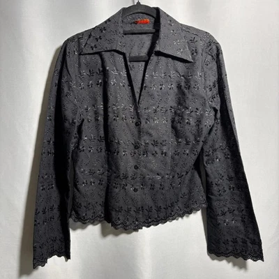 VTG Black Floral Embroidered Eyelet Button Down Crop Top Dark Cottage Core M Y2K - Image 1 of 4