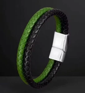Double Layer Leather Bracelet Men Woman Black & Green Magnetic Clasp 21cm Approx - Picture 1 of 1