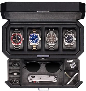 ROTHWELL 4 Slot Leather Watch Box with Valet Drawer - Luxury Case Display Jew... - Picture 1 of 2