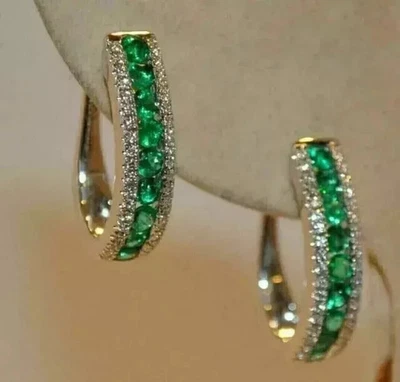 2Ct Round Cut Lab Created Emerald & Diamond Hoop Earrings 14K White Gold Plated! - Image 1 of 2