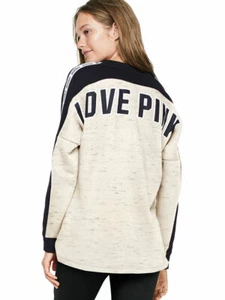 Victoria's Secret PINK Varsity Crew V-Neck Sweatshirt Heather Luna Pearl - Picture 1 of 3