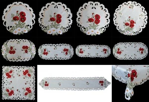 Stickerei, Tischdecke, Tischläufer, Mitteldecke Deckchen weiß mit Mohnblume - Bild 1 von 13