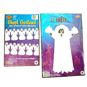 1987 23" Beistle Ghost-Art-Tissue Hanging & 12' Ghost Garland Halloween Deco - Picture 1 of 12
