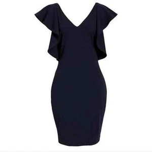 Badgley Mischka Cascade Scuba Ruffle Sleeve Navy Sheath Dress size 8 NWOT - Picture 1 of 13