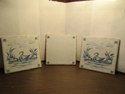 3 Blue & White Decorative Ceramic Tiles Made in Germany - Swan - Goose - 5 3/4" Cover