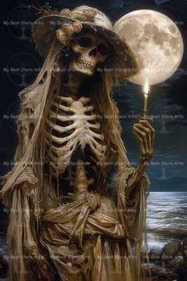 IMPRESIÓN ARTÍSTICA DE BRUJA ESQUELETO, fantasía nigromante, póster espectral decoración de enganche D103 Foto 1 de 4