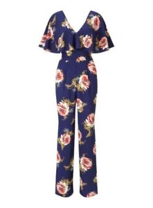 Miss Selfridge Navy Floral Frill Jumpsuit Size 8 UK RE7 AA 02