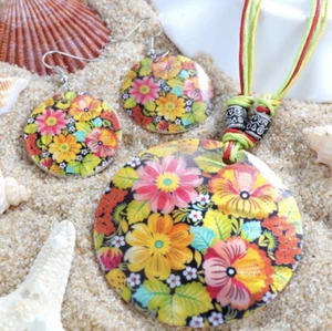 Bio Shell Gioielli Africani Multi Fiori Nero Orecchini Collana Set Donna UK - Foto 1 di 6