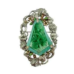 Vintage Silver Filigree Butterfly Moth Brooch Green Stone Glass Jade Czech Style - Picture 1 of 5