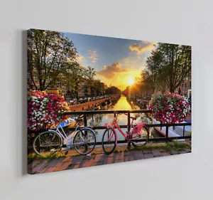 Stampa su Tela Tramonto Canale Amsterdam Wall Art, Decorazione Casa Moderna Appendiabiti da Parete - Foto 1 di 10