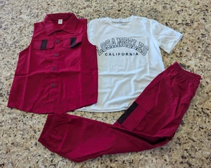 Shein Kids Boys 3pc Set Los Angeles T-Shirt Button Shirt Pants Red size 7Y - Picture 1 of 22