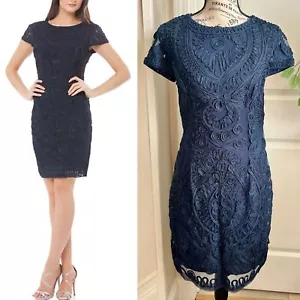 JS Collections Short Sleeve Mesh Textured Embroidered Cocktail Dress Blue Sz 6 - Picture 1 of 16