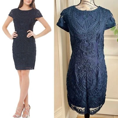 JS Collections Short Sleeve Mesh Textured Embroidered Cocktail Dress Blue Sz 6 - Image 1 of 4