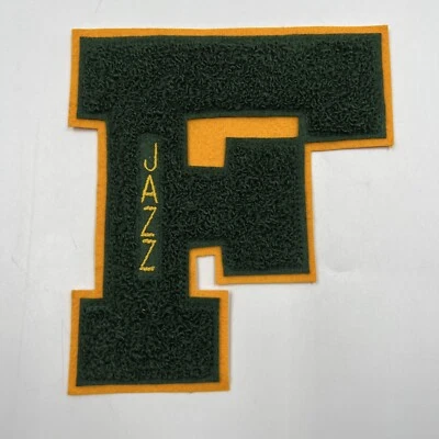 Letterman Jacket Patch F - JAZZ Line felt chenille Green / yellow Made In USA - Image 1 of 4