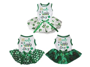Happy St.Patrick's Day White Cotton Top Green Clover Tutu Pet Dog Puppy Dress - Picture 1 of 7