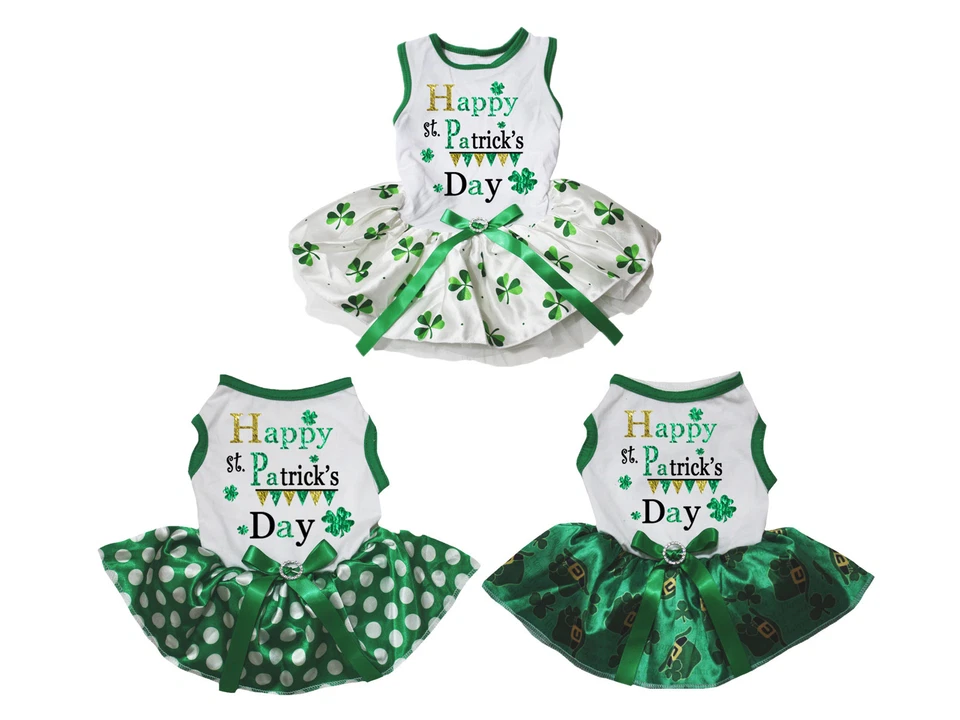 Happy St.Patrick's Day White Cotton Top Green Clover Tutu Pet Dog Puppy Dress - Image 1 of 1