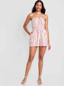 Old Navy Women's Striped O-Ring Halter Romper 3.5" Inseam Pink Multi-Stripe L - Picture 1 of 9