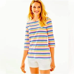 Lilly Pulitzer Waverly Stripe 100% Pima Cotton Top Sz L Rainbow Resort Beach - Picture 1 of 8