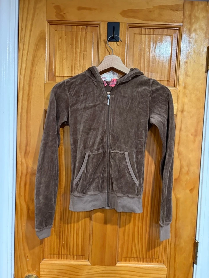 Juicy Couture бархата молнии толстовка с капюшоном коричневый Y2K сделано в США размер P винтажный - Изображение 1 из 4