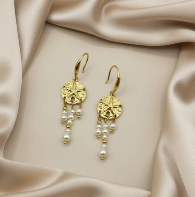 Висячие серьги в стиле бохо с жемчугом, золотые серьги с кисточками, серьги-капли 6 см - Изображение 1 из 4