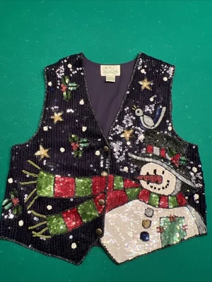 Vtg Christmas Sequin Bling Snowman  Vest Navy Party The Quacker Factory Sz Med - Image 1 of 4