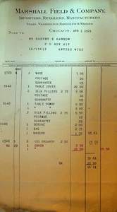 Marshall Field Invoice April 1 1921 Chicago Silk Pillows Table Scarf - Picture 1 of 1