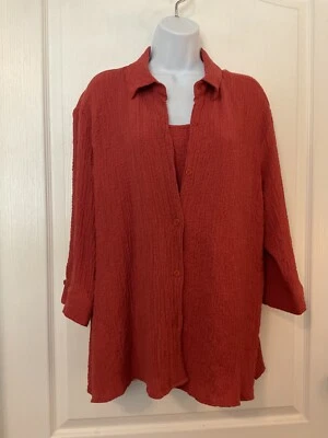Joanna Woman's Button Front Shirt with Inset Tank Sz XL Rust 3/4 Sleeve -B18 - Image 1 of 4