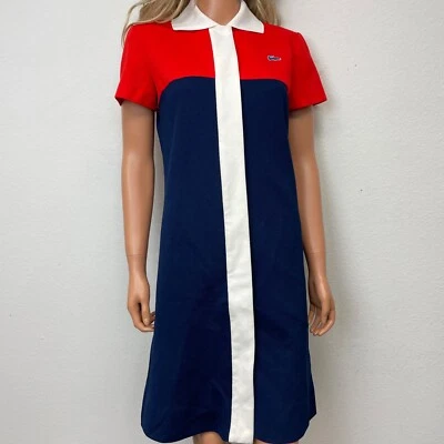 Vestido Vintage Años 70 Chemise Lacoste Azul Rojo Poliéster Tejido Talla 8 Foto 1 de 4