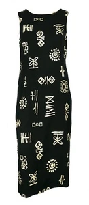 Vintage 80s Midi Dress Sleeveless Black Shift Tribal Pattern sz PM - Picture 1 of 5