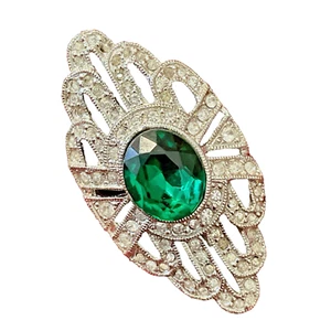 Broche Art Deco con diamantes de imitación y verde profundo - Imagen 1 de 3