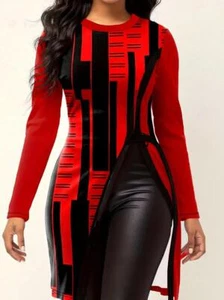 Women Geometric Print Split Hem Top Casual Crew Neck Long Sleeve T-shirt Red - Picture 1 of 4