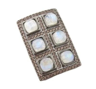 Anel vintage de prata esterlina 925 retangular quartzo esfumaçado pedra da lua tamanho 7 RG30800 - Imagem 1 de 4