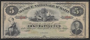 CINQ PIASTRES BANQUE NATIONALE D'HAITI SEPTEMBRE 1875 VERY NICE TRES JOLIE RARE - Imagen 1 de 2