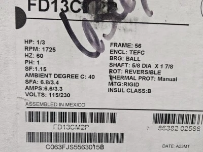 FD13CM2P  1/3 HP  1725 RPM  115/230 VOLT  56 FRAME  TEFC  MANUAL OVERLOAD  NEW - Image 1 of 4